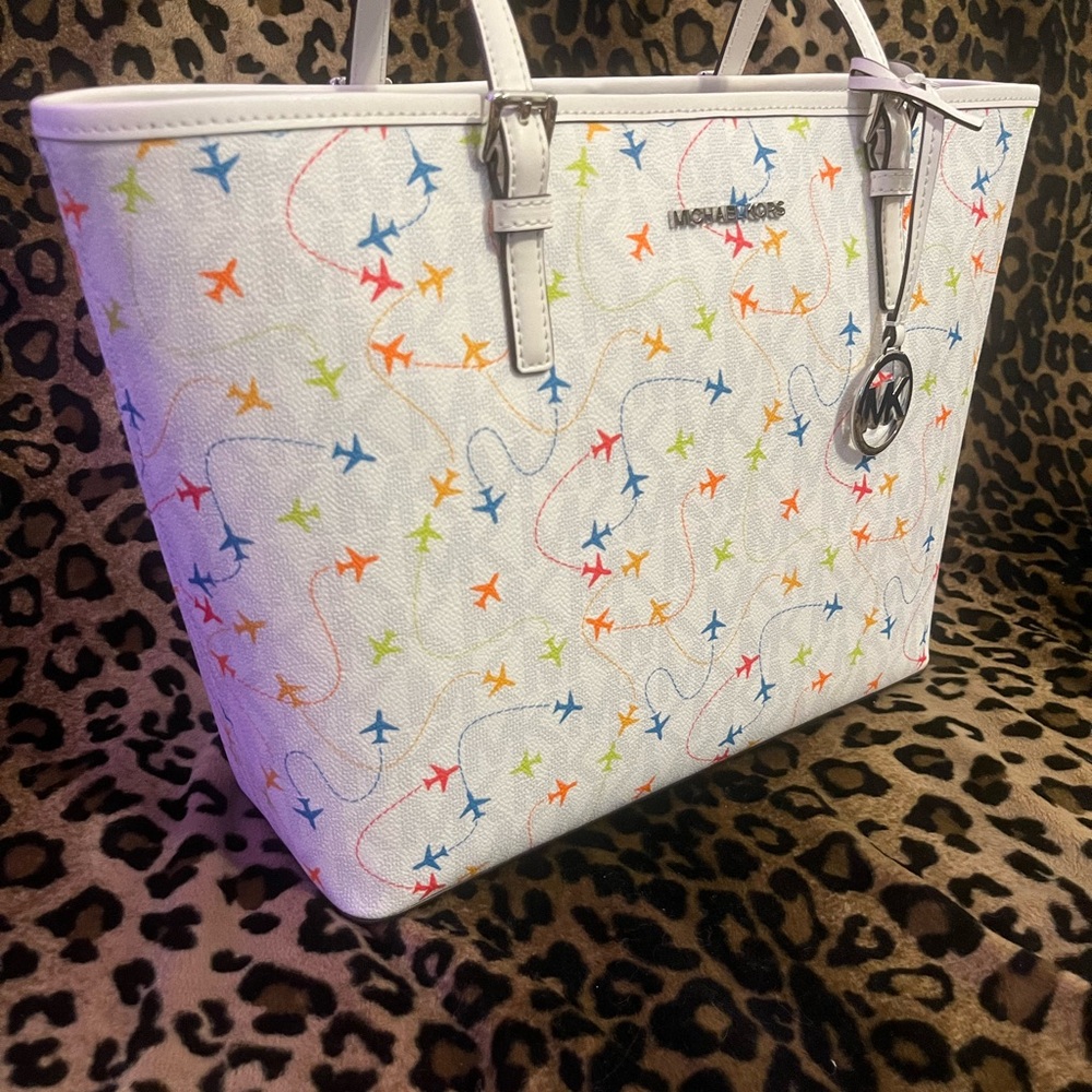 Michael Kors Jet Set Airplane White Multicolor Tote Bag
